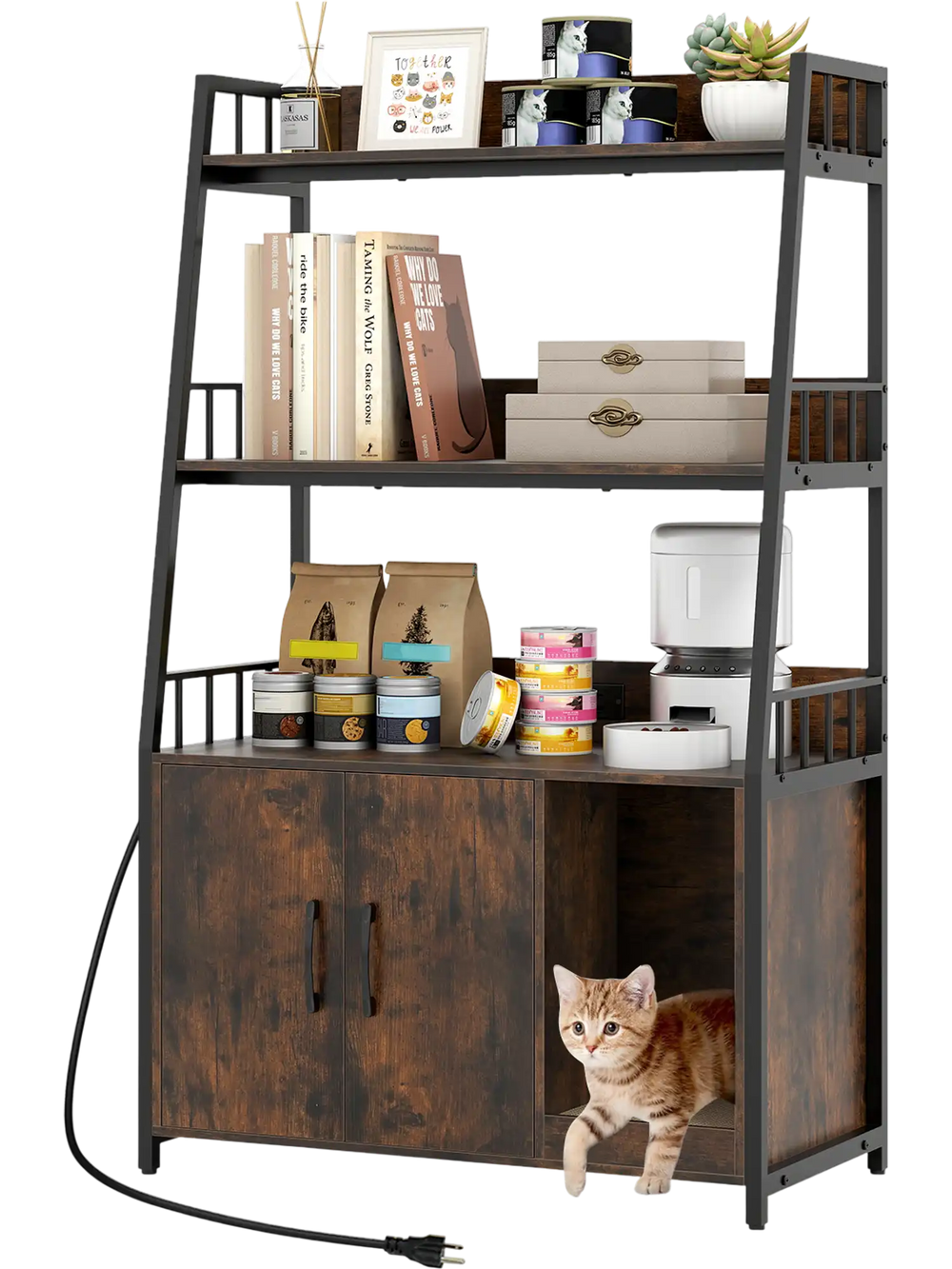 Cat litter box enclosure in rustic brown with storage shelves, scratching pad, and power station for organized pet care.