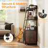 Rustic brown cat litter box enclosure with storage shelves, featuring a removable scratching pad and anti-tipping kit.