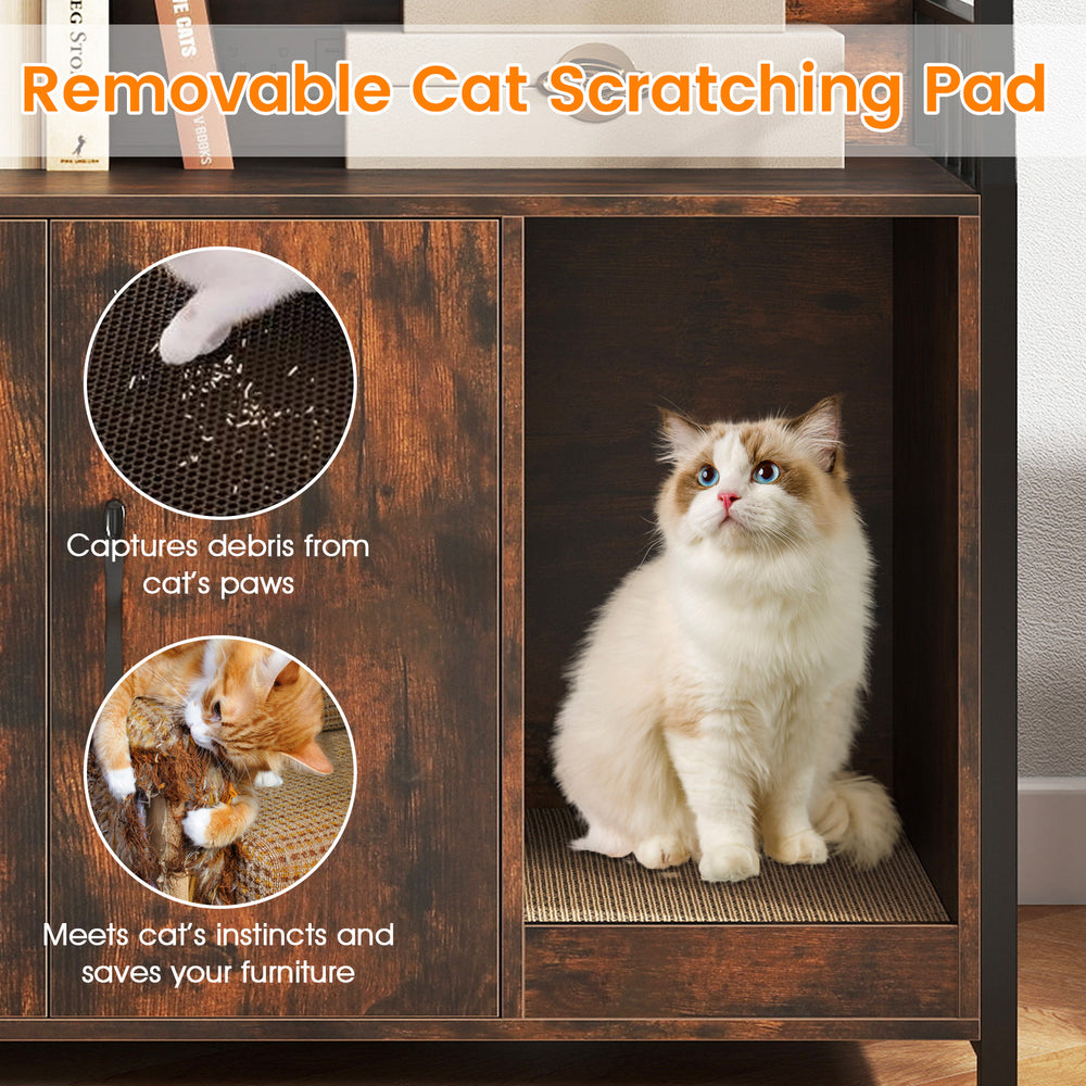 Removable cat scratching pad in rustic brown cat litter box enclosure, designed to minimize litter tracking and enhance.