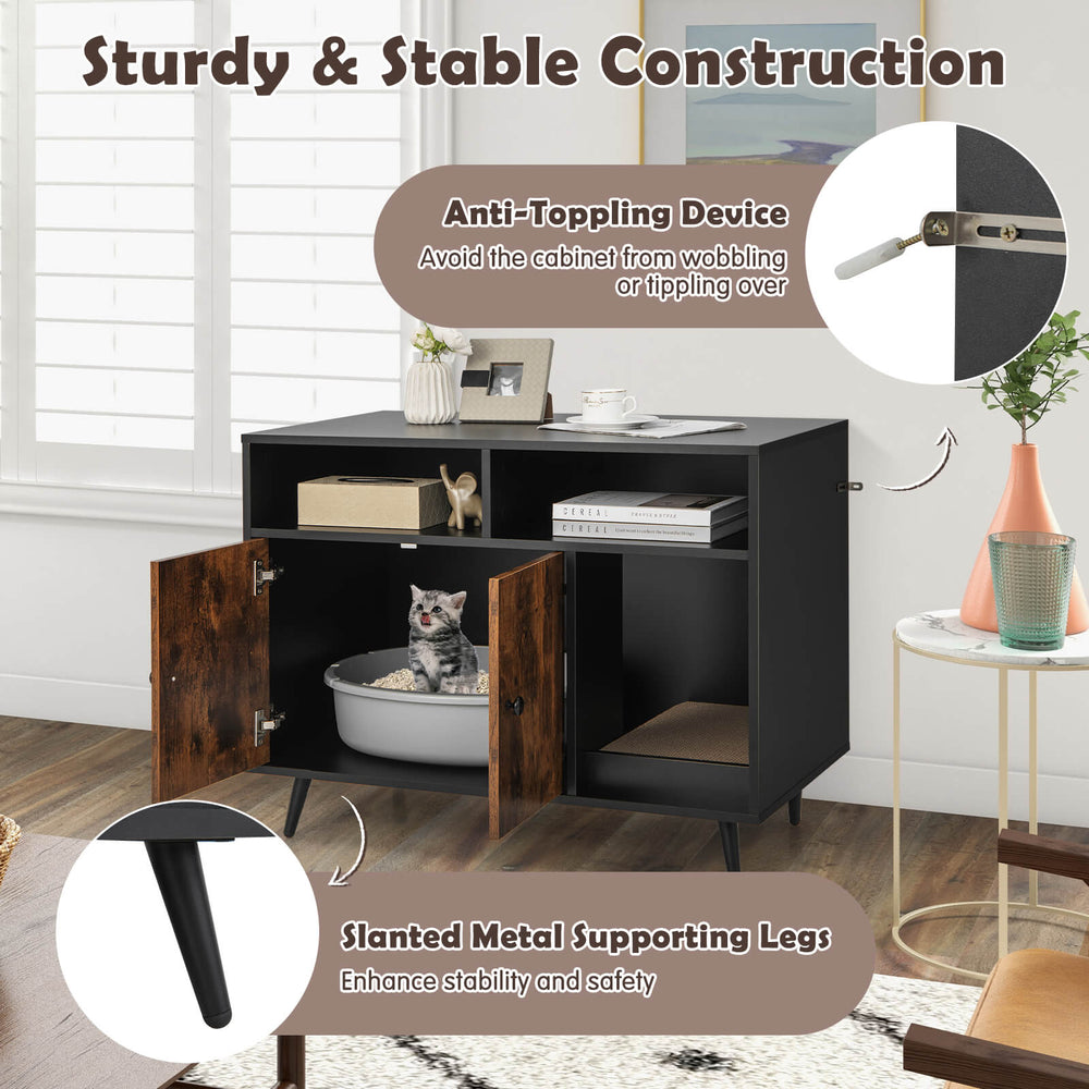 Cat litter box enclosure with storage compartments, featuring slanted metal legs and anti-tipping device for stability.