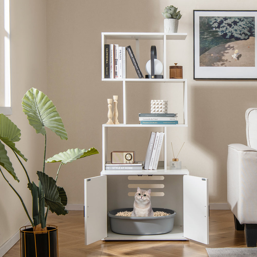 56 Inch Tall Cat Litter Box Enclosure with Storage-White - Gallery View 1 of 10