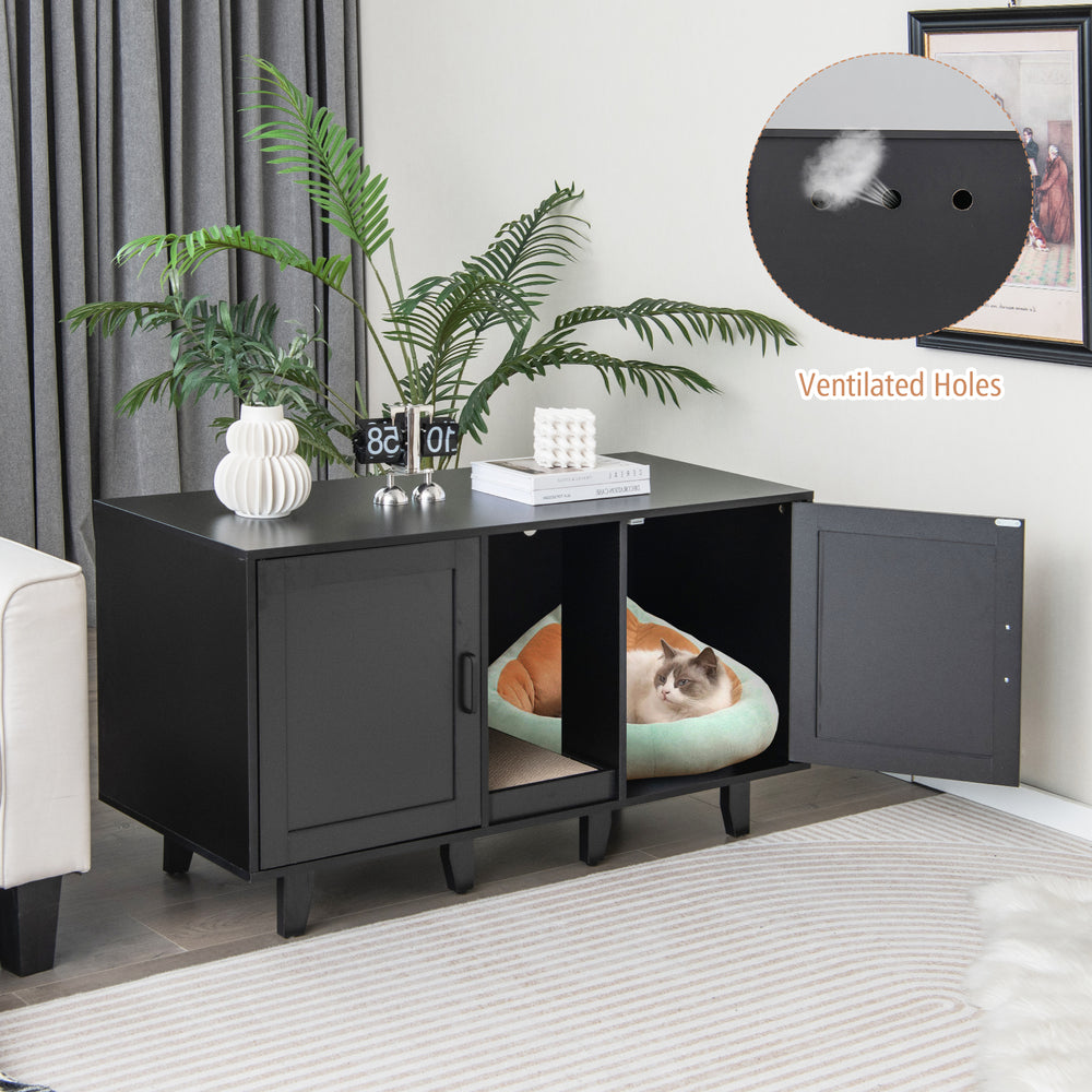 Patented 2-Door Cat Litter Box Enclosure with Winding Entry and Scratching Board-Black - Gallery View 1 of 10