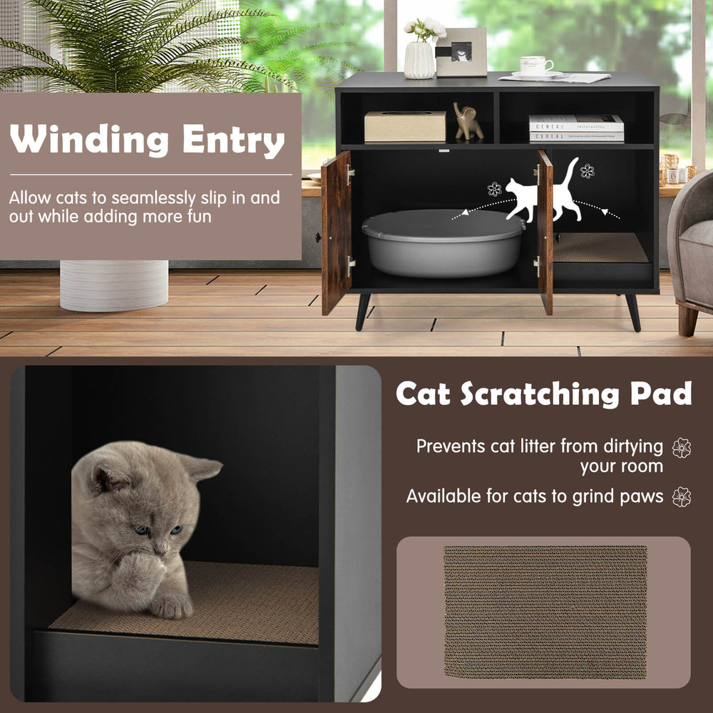 Cat litter box enclosure with storage compartments, featuring a winding entry and a cat scratching pad for furniture.