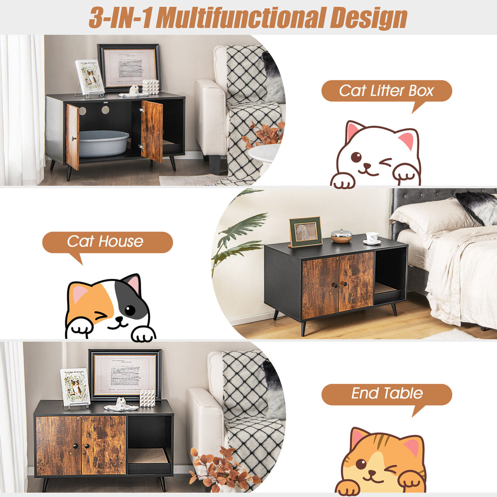 Cat litter box enclosure with double doors, crafted from EO grade engineer wood, serves as a stylish side cabinet.