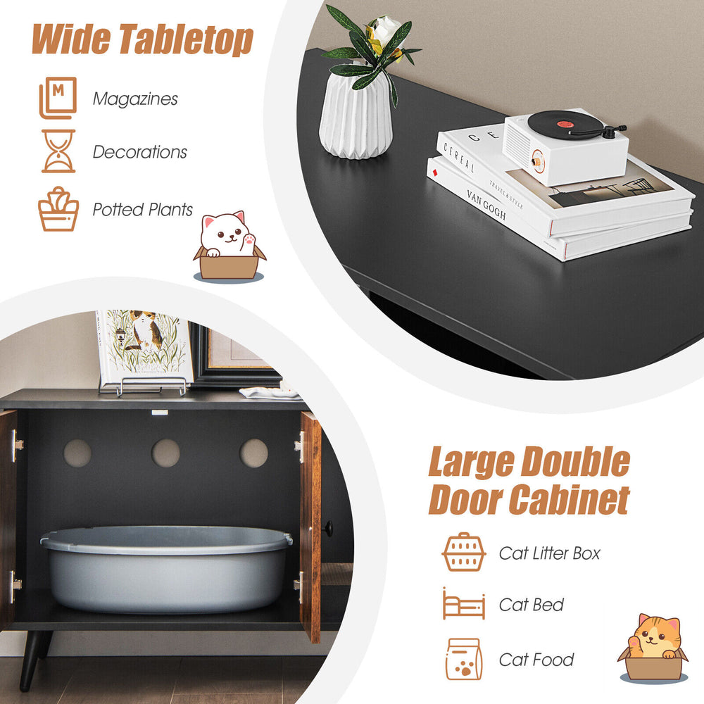 Cat litter box enclosure with double door cabinet, large tabletop for decorations, and durable EO grade engineer wood.