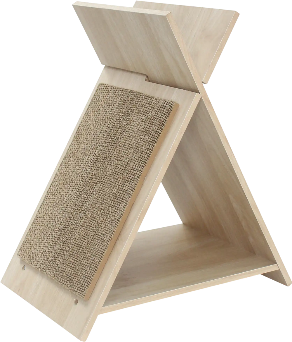 X-shaped cat scratcher made of natural wood-like material, designed for claw sharpening and lounging.