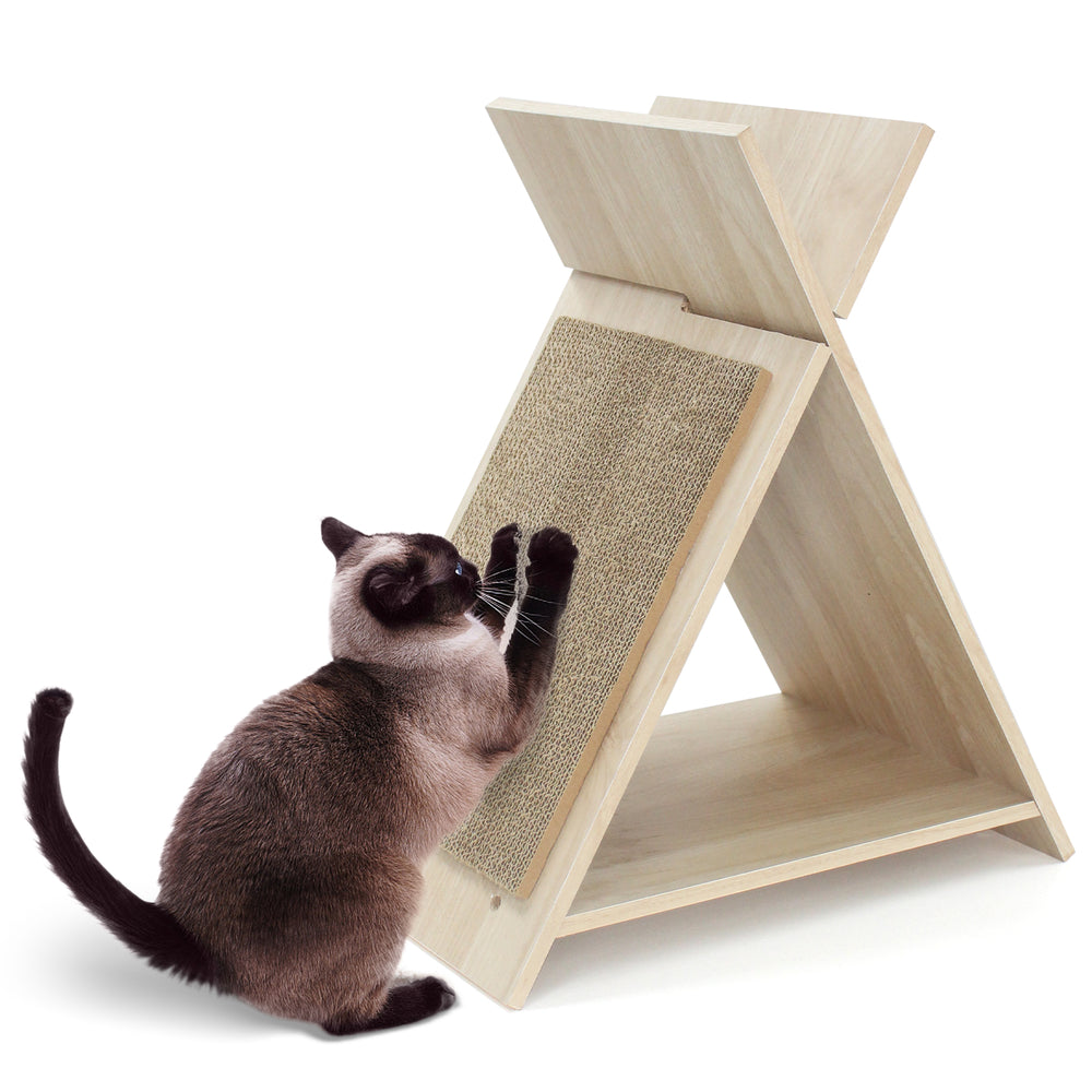 Cat scratching post with high-density corrugated cardboard, natural wood-like texture, ideal for claw sharpening and.