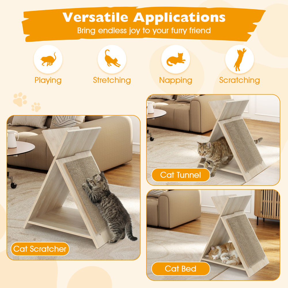 X-shaped cat scratcher in natural cardboard, serving as a lounge bed, scratcher, and tunnel for playful cats.