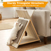 Cat scratcher with triangular design, high-density cardboard, and wood-like texture for claw sharpening and lounging.