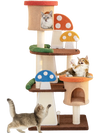 Multicolor 4-in-1 cat tree with two condos and platforms, featuring sisal posts and playful mushroom designs for indoor.