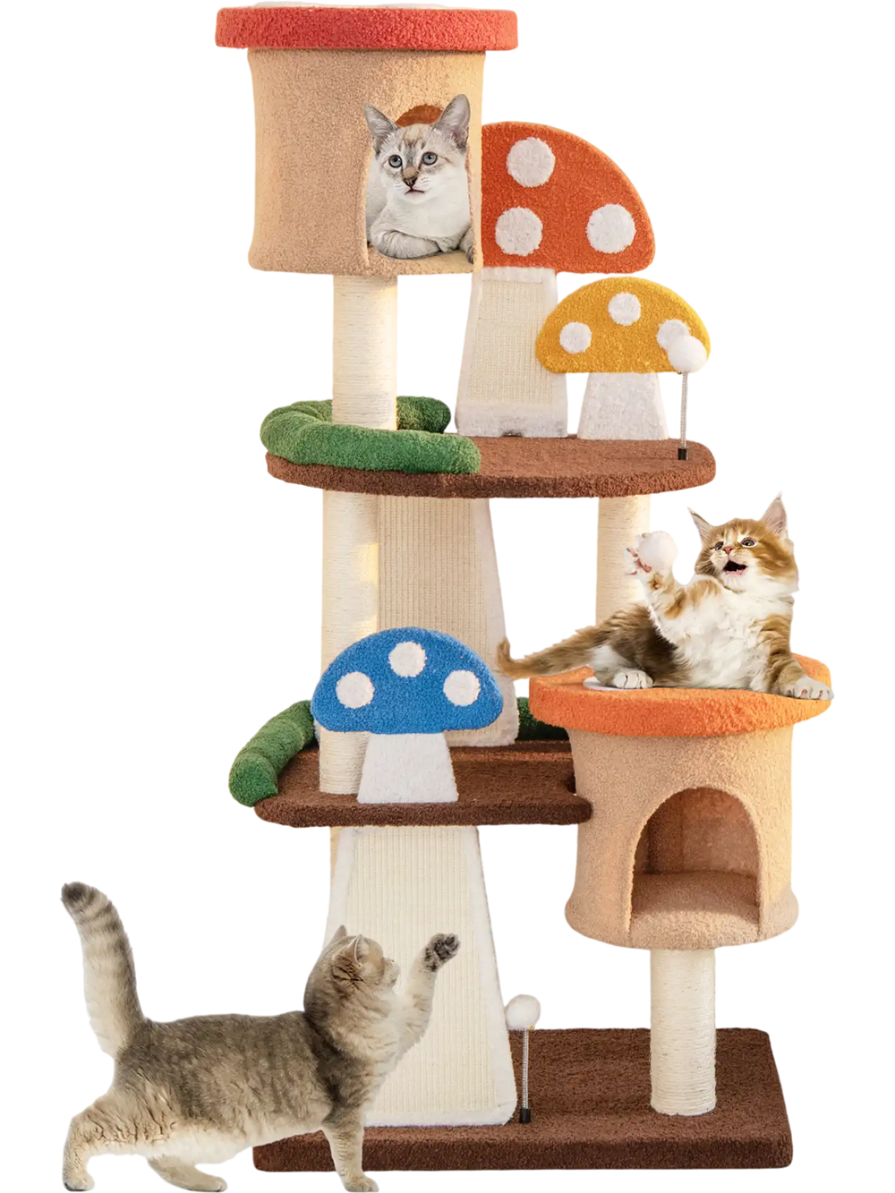 Multicolor 4-in-1 cat tree with two condos and platforms, featuring sisal posts and playful mushroom designs for indoor.