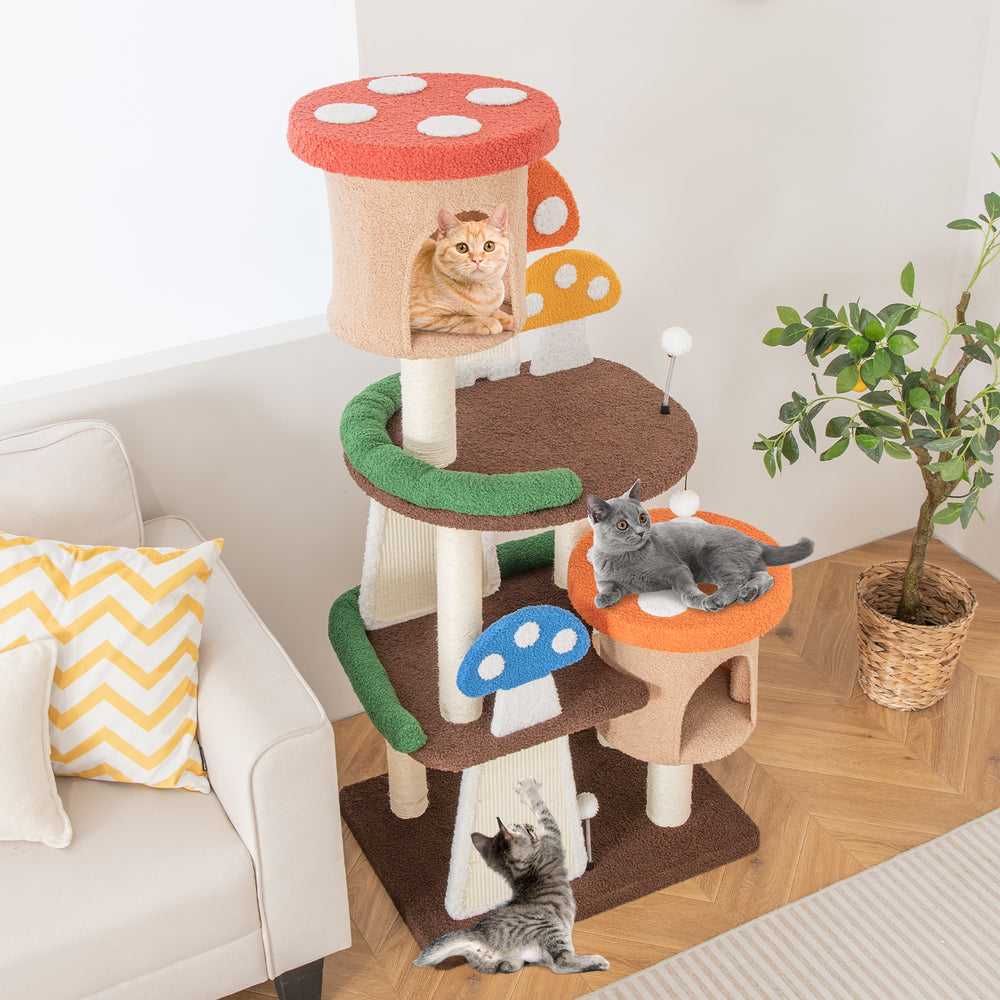 Multicolor 4-in-1 cat tree showcasing a side view of two condos and platforms, designed for indoor play and relaxation.