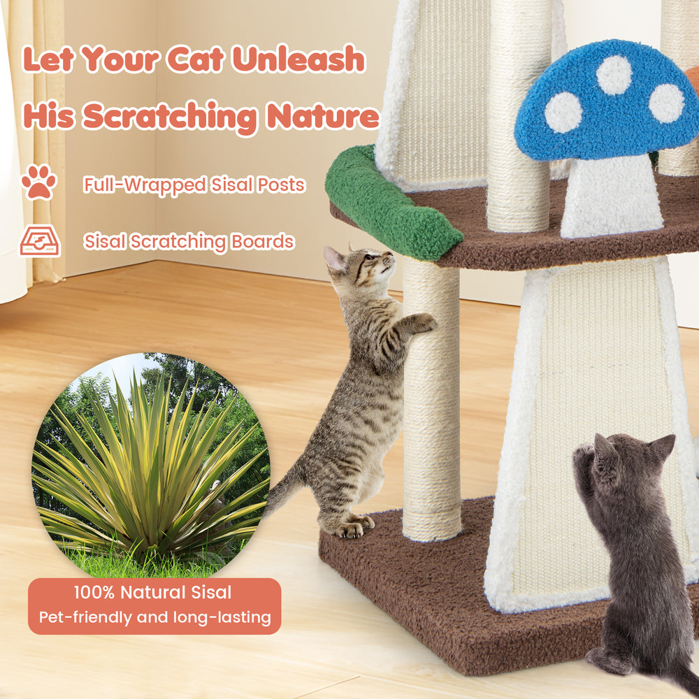 Multicolor 4-in-1 cat tree with sisal scratching posts, condos, and platforms for indoor play and relaxation.