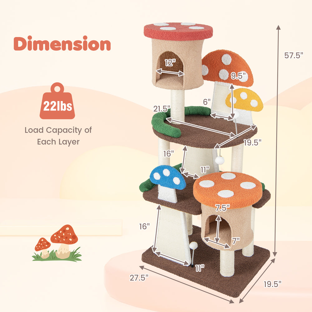 Multicolor cat tree dimension chart showing height, platform sizes, and load capacity, designed for indoor cat.