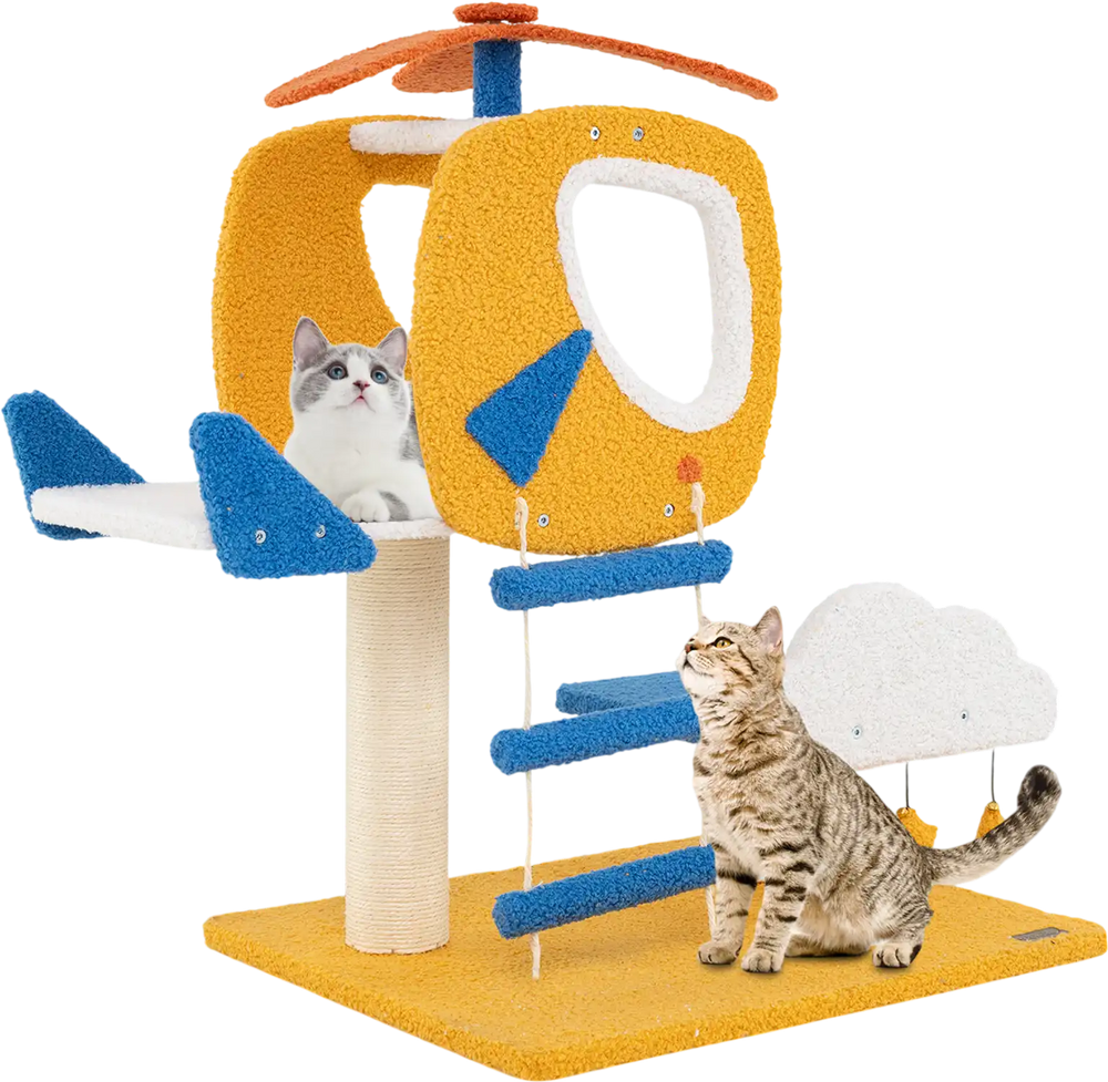 Indoor aviation-themed cat tree in yellow featuring a helicopter perch, climbing ladder, and soft teddy fleece for.