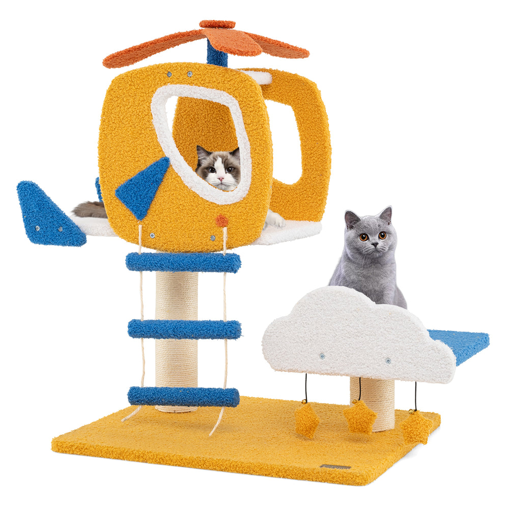 Aviation-themed cat tree with helicopter perch, cloud platform, and scratching post for indoor feline fun and comfort.