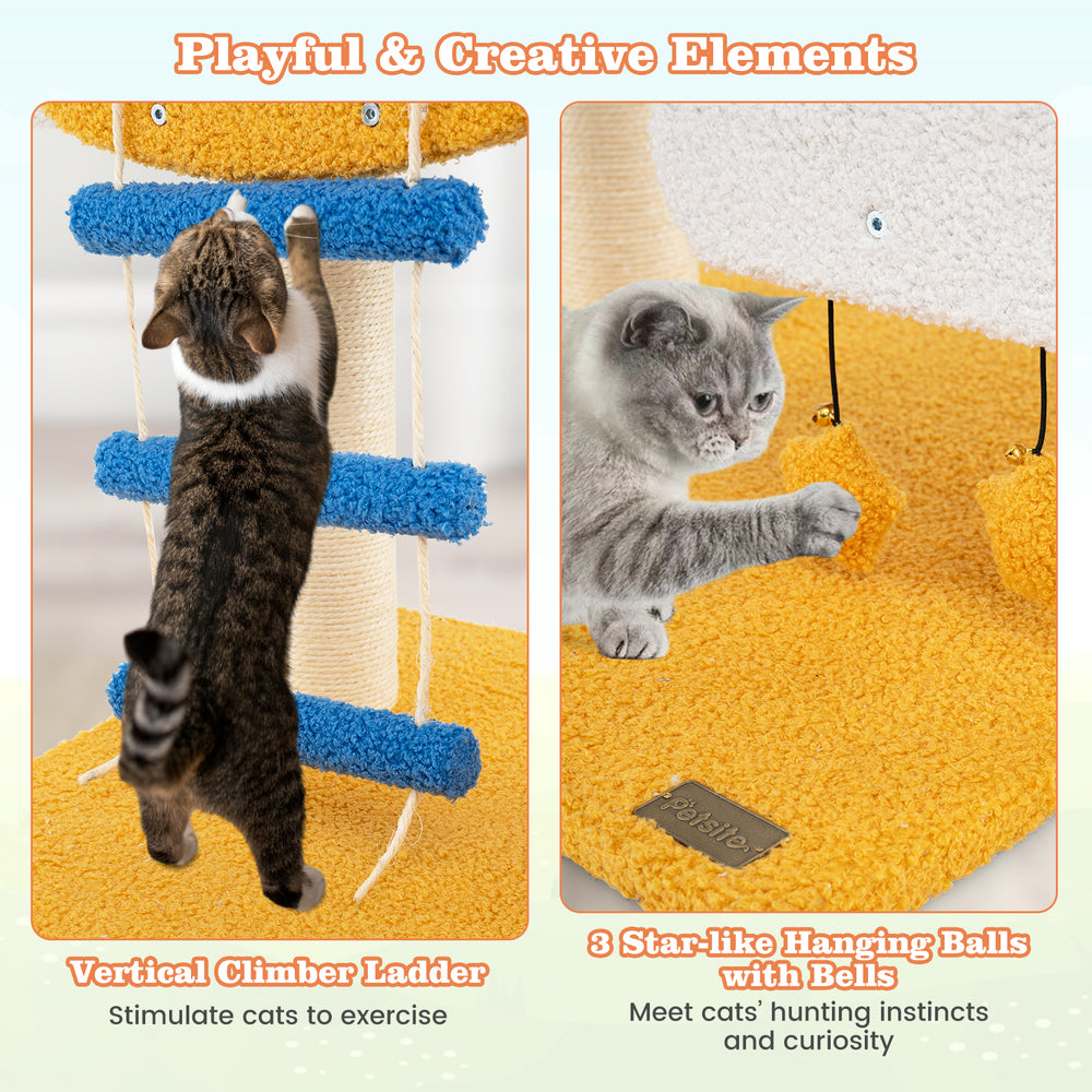 Vertical climbing ladder and soft teddy fleece on the aviation-themed cat tree for indoor exercise and comfort.
