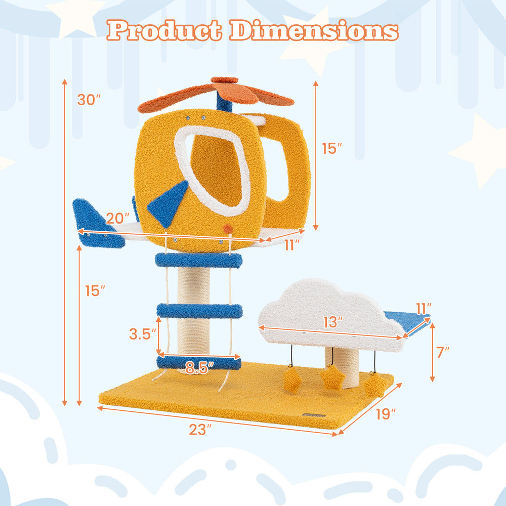 Aviation-themed cat tree with helicopter perch, cloud platform, and scratching post, designed for indoor cat play and.