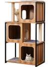 Modern cat tree with natural wood finish, featuring spacious condos, scratching posts, and padded perches for feline.