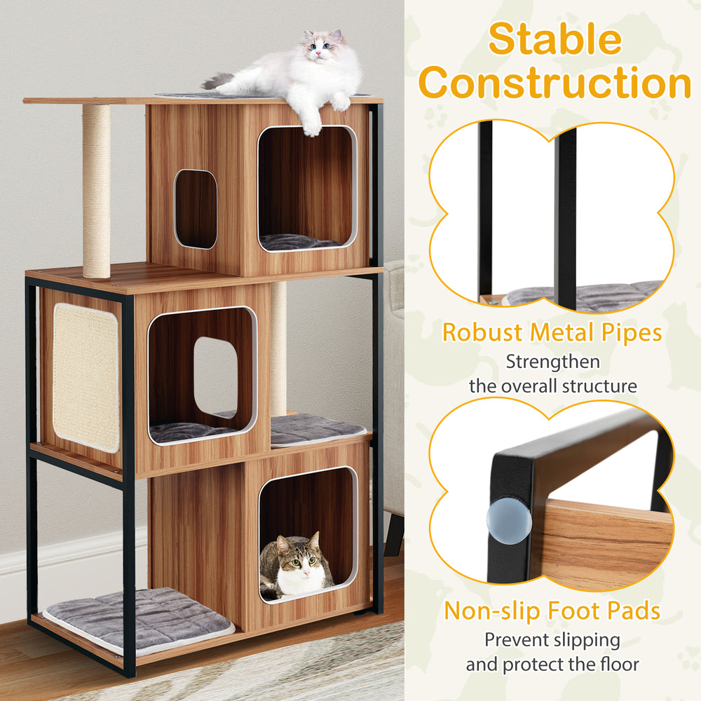 Modern cat tree with metal frame, spacious condos, and sisal scratching posts for comfortable feline play and rest.