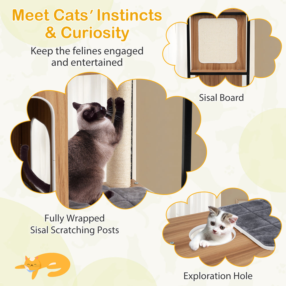 Sisal board and scratching posts of the Modern Cat Tree Cat House with metal frame, perfect for feline entertainment.