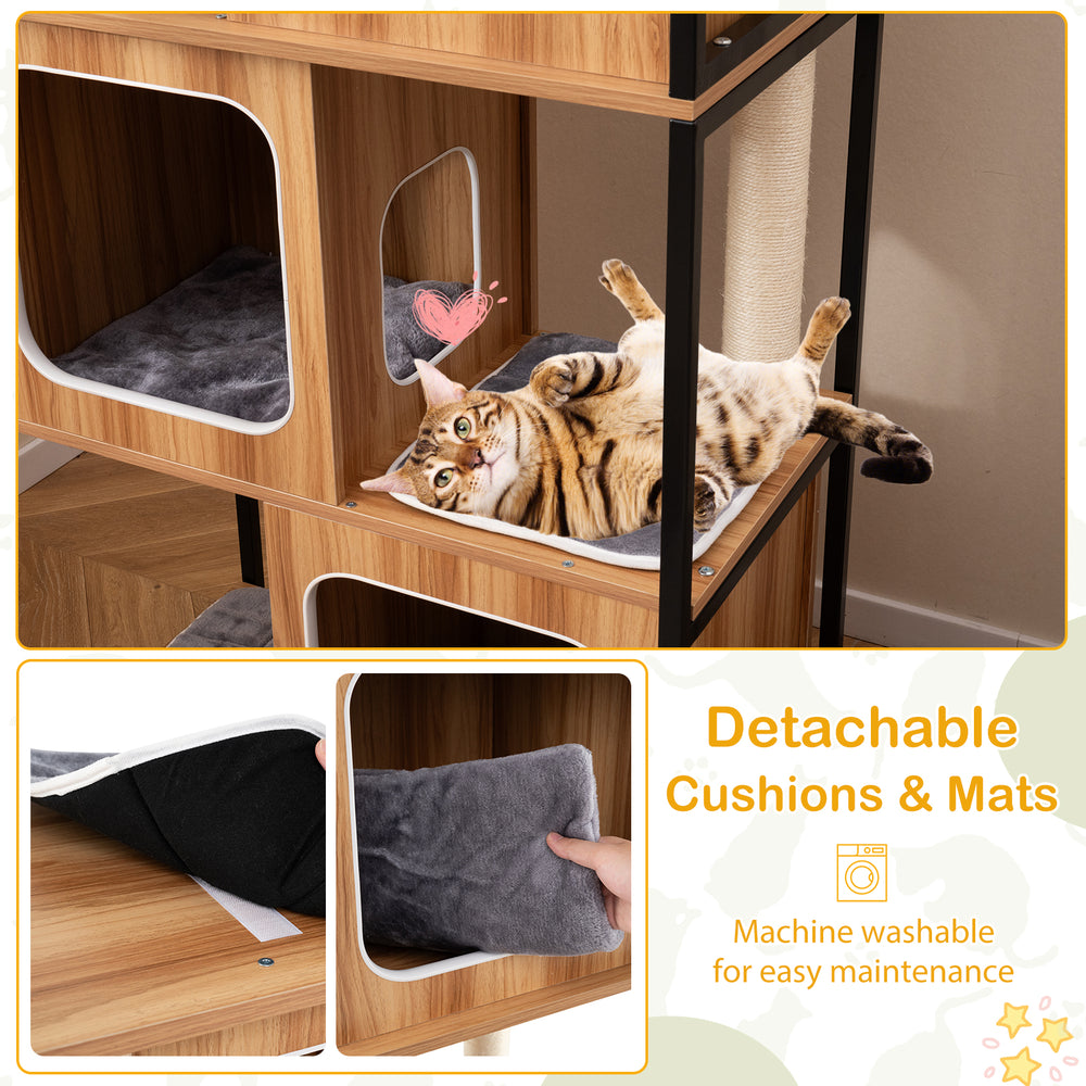 Modern cat tree featuring detachable, machine washable cushions and spacious condos for comfortable feline lounging.