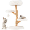 Cat tree with solid pear wood base, plush white platforms, and natural jute scratching posts for active cats to enjoy.