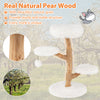 Cat tree made of solid pear wood with white perch and natural jute scratching posts, ideal for playful cats.