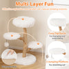 Multi-layer cat tree made of solid pear wood with a cozy top perch and natural jute scratching posts in white.