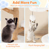 Cat tree featuring solid pear wood, natural jute scratching posts, and a plush hanging ball for feline fun.