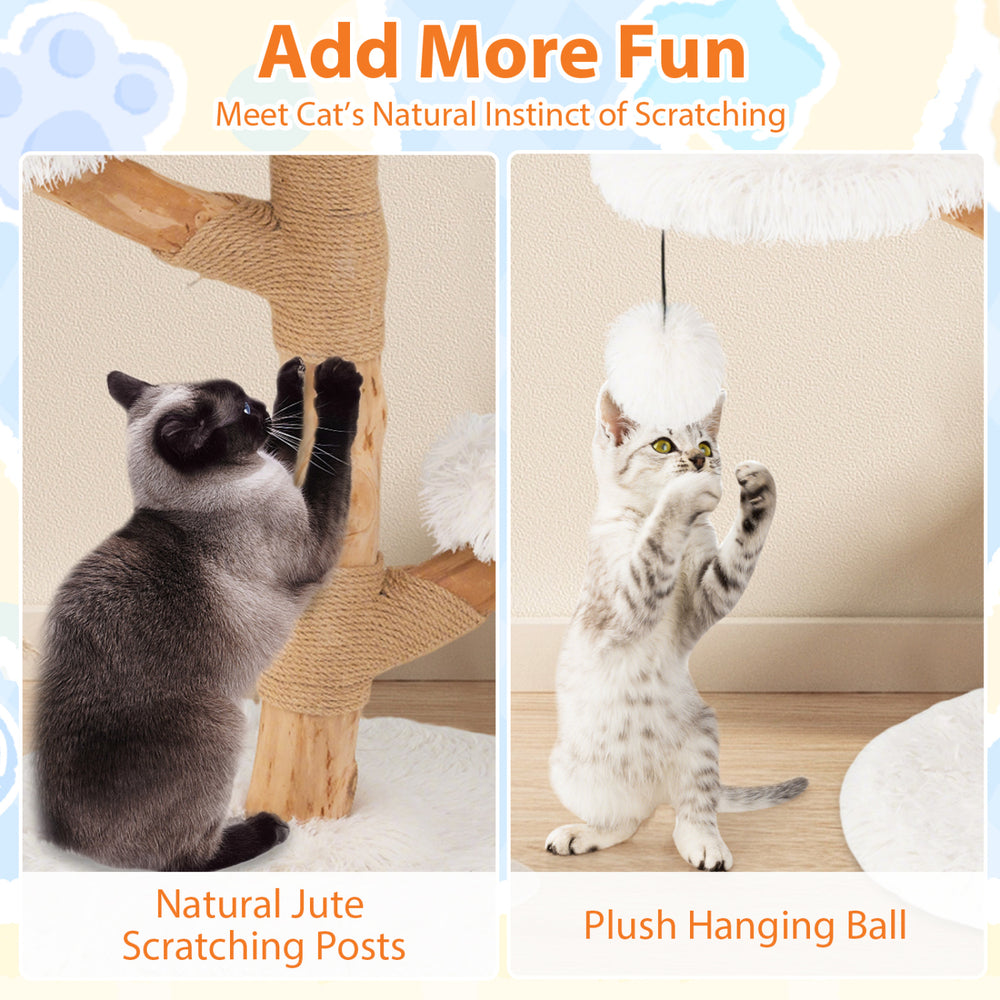 Cat tree featuring solid pear wood, natural jute scratching posts, and a plush hanging ball for feline fun.