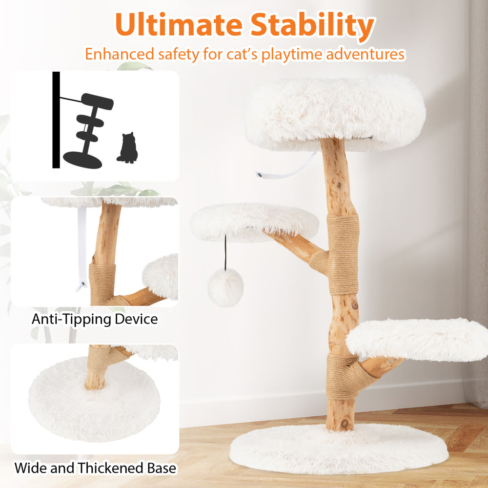 Cat tree featuring solid pear wood, white perch, and natural jute scratching posts for enhanced stability and safety.