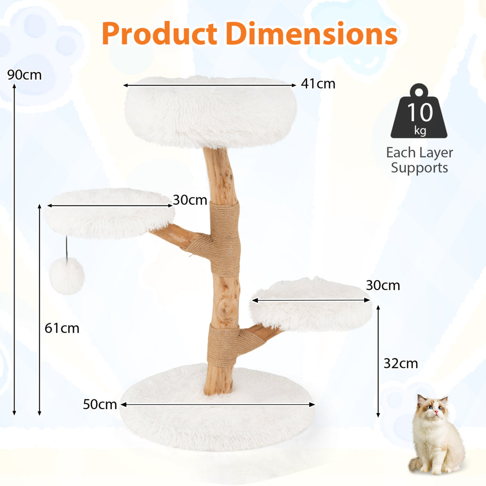 Cat tree made of solid pear wood with white perch and natural jute scratching posts, dimensions shown for clarity.