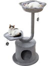 Three-tier gray cat tower with cozy top perch, private condo, and scratching post for large and small cats.