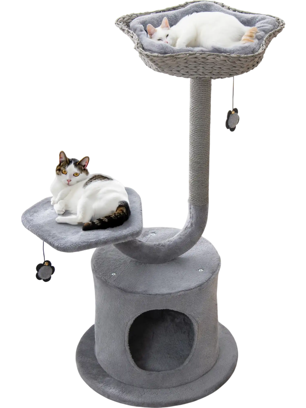 Three-tier gray cat tower with cozy top perch, private condo, and scratching post for large and small cats.