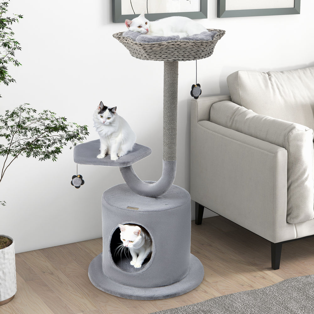 Three-tier gray cat tower with cozy top perch, private condo, and dangling toys for playful cats.