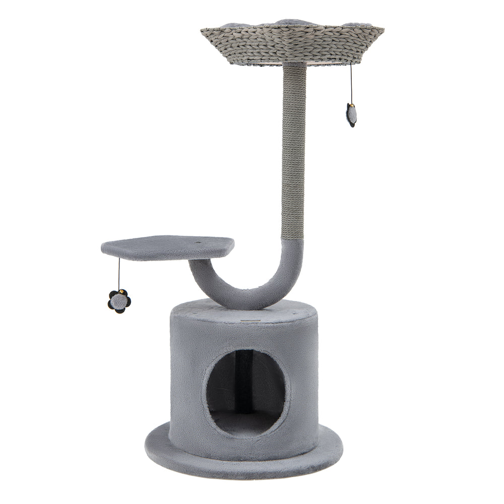 42-inch tall gray cat tower with cozy top perch, private condo, and scratching post for playful cats.
