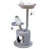 Three-tier gray cat tower with cozy perch, private condo, and scratching post for playful relaxation.