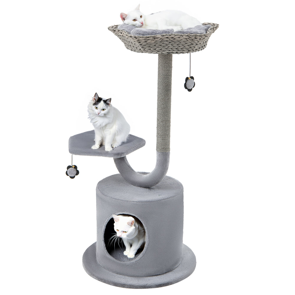 Three-tier gray cat tower with cozy perch, private condo, and scratching post for playful relaxation.