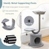 Curved metal cat tower with cozy top perch, private condo, and scratching post for playful relaxation in gray.