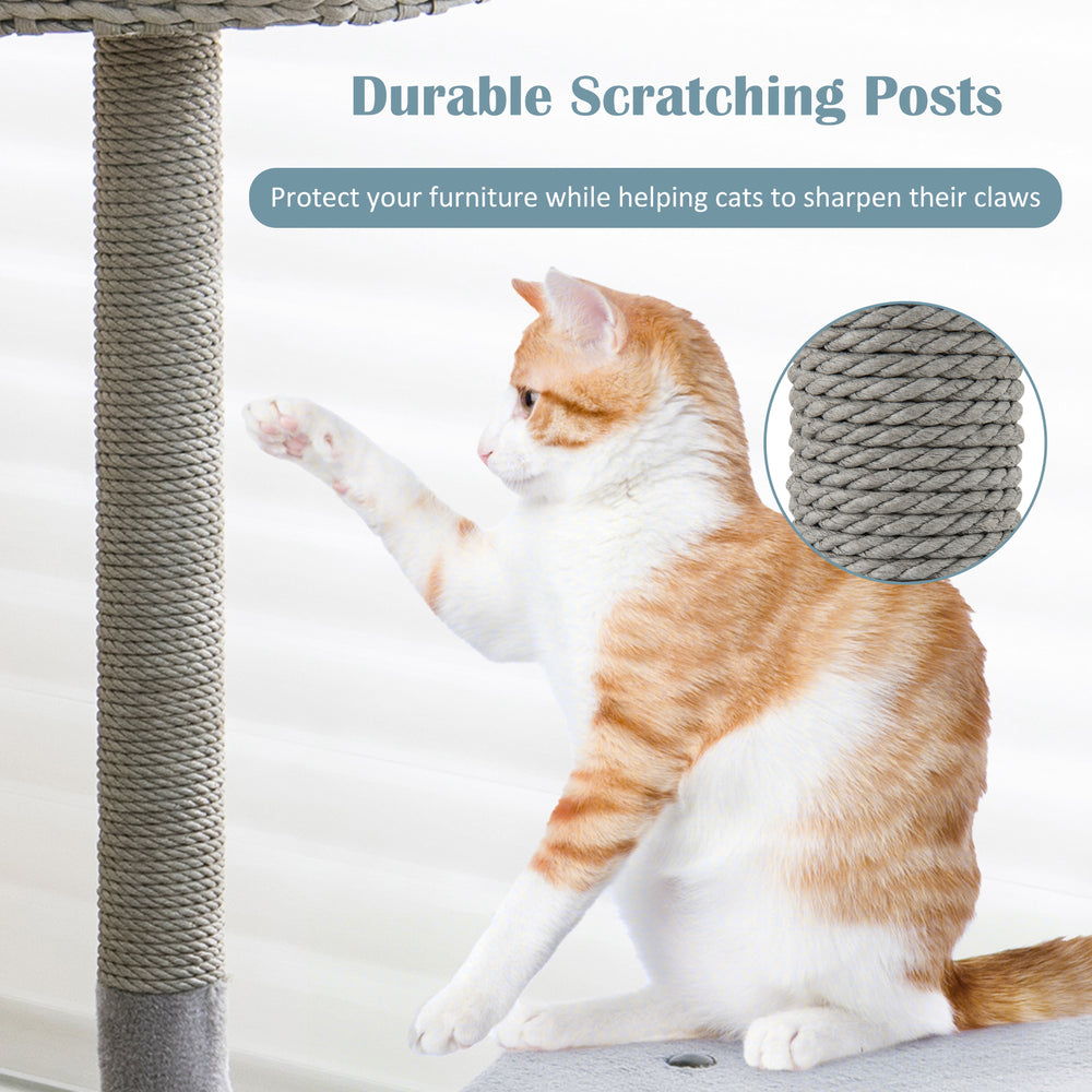 Curved metal scratching post detail on a 42-inch cat tower, designed for large and small cats, in gray.