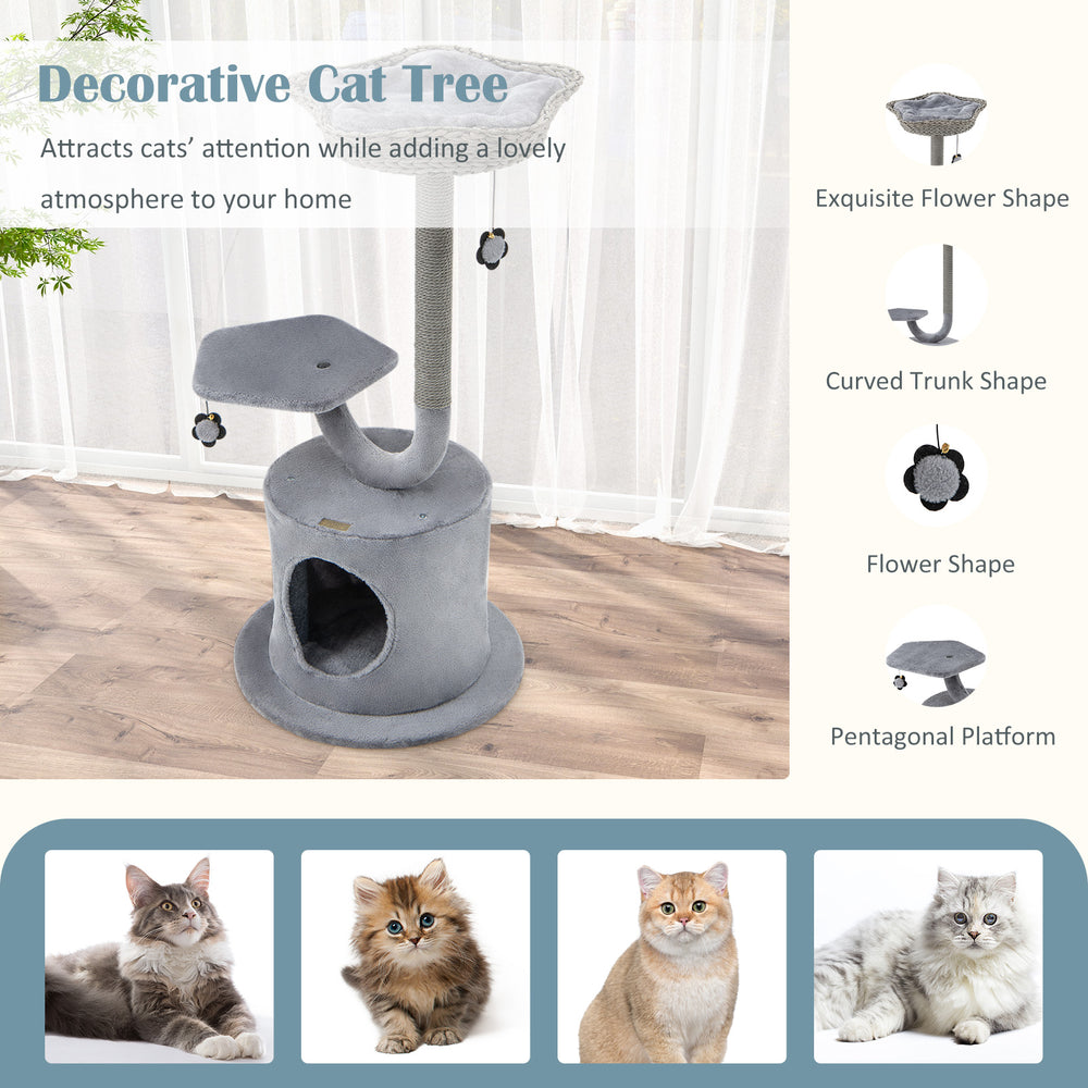 42-inch tall gray cat tower with curved metal frame, cozy top perch, private condo, and dangling balls for play.