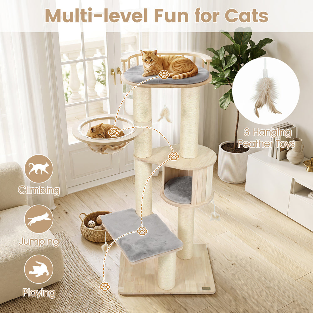 Multi-level cat tree featuring a plush top perch, condo space, and three hanging feather toys for indoor kittens.