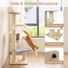 Cat tree with plush top perch, condo space, and three hanging feather toys for indoor kittens to explore and play.