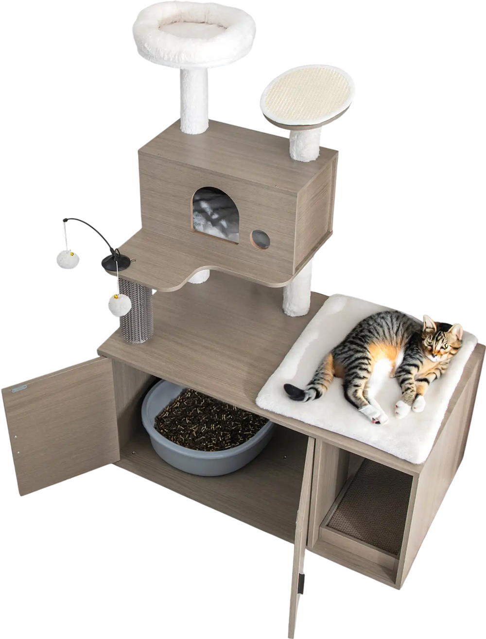 Multi-level gray cat tower with litter box enclosure, plush perch, and scratching mats for indoor cats.