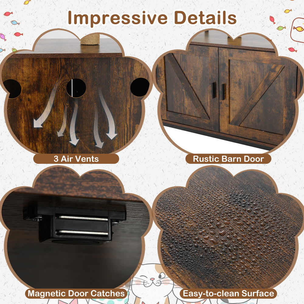 Close-up of the rustic barn door and magnetic catches on the cat tree litter box enclosure in rustic brown.