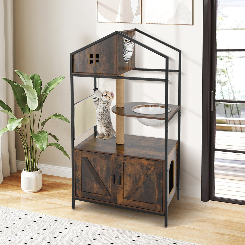 Multi-level cat tree with litter box enclosure in rustic brown, featuring a cozy hideaway and sturdy metal frame for.