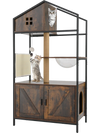 Side view of the multi-level cat tree with litter box enclosure in rustic brown, featuring a spacious top shelf and.
