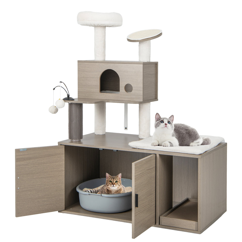 Modern 2-in-1 cat tower with litter box enclosure, featuring plush perch, scratching board, and spacious condo for.