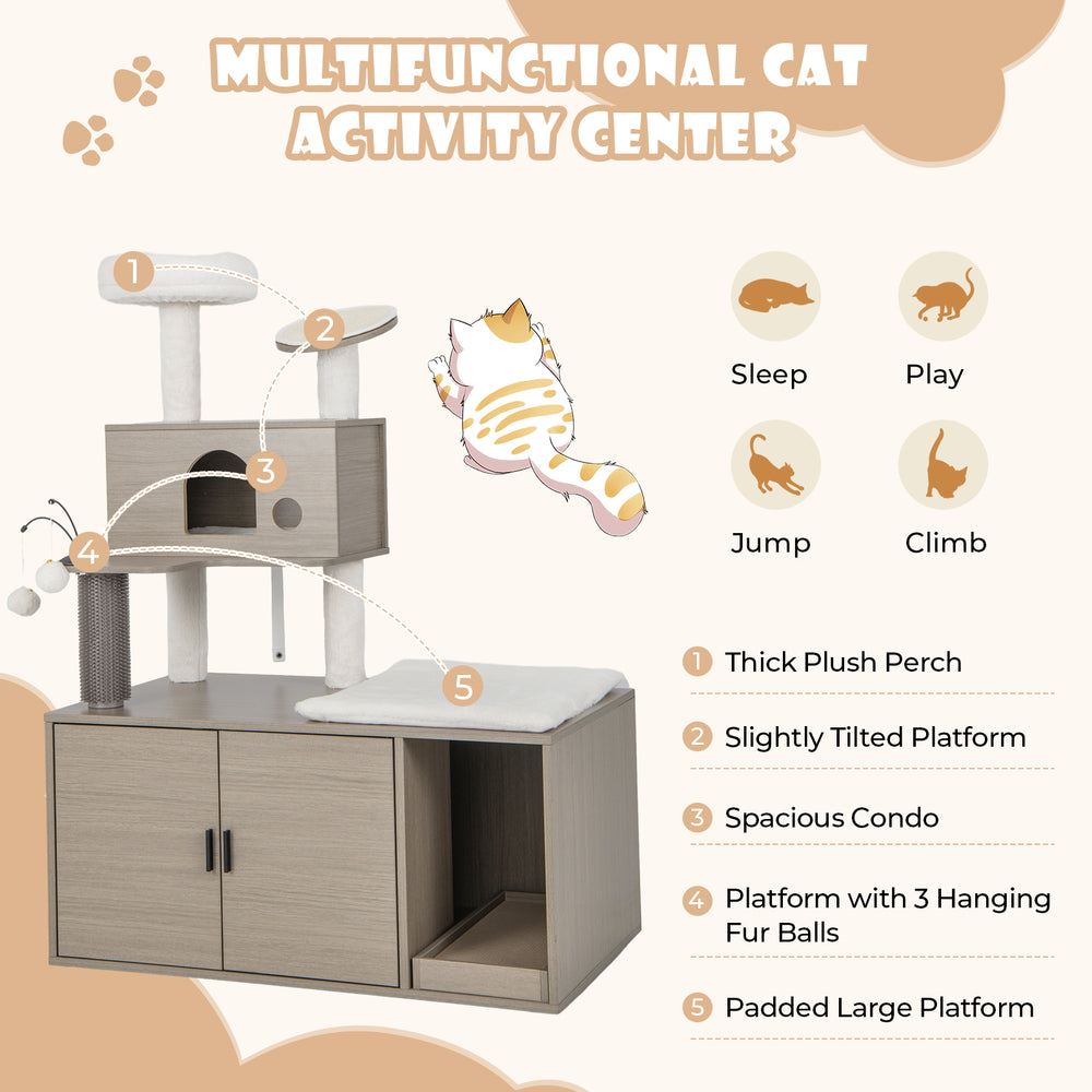 Multifunctional cat activity center in gray with plush perch, condo, and three hanging balls for indoor play and.